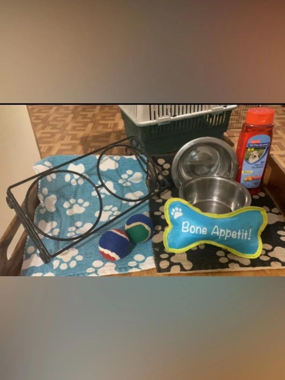 Elevated Wrought Iron Dog Feeder Frame, bowls, Food Mats, Toys & Dog Shampoo